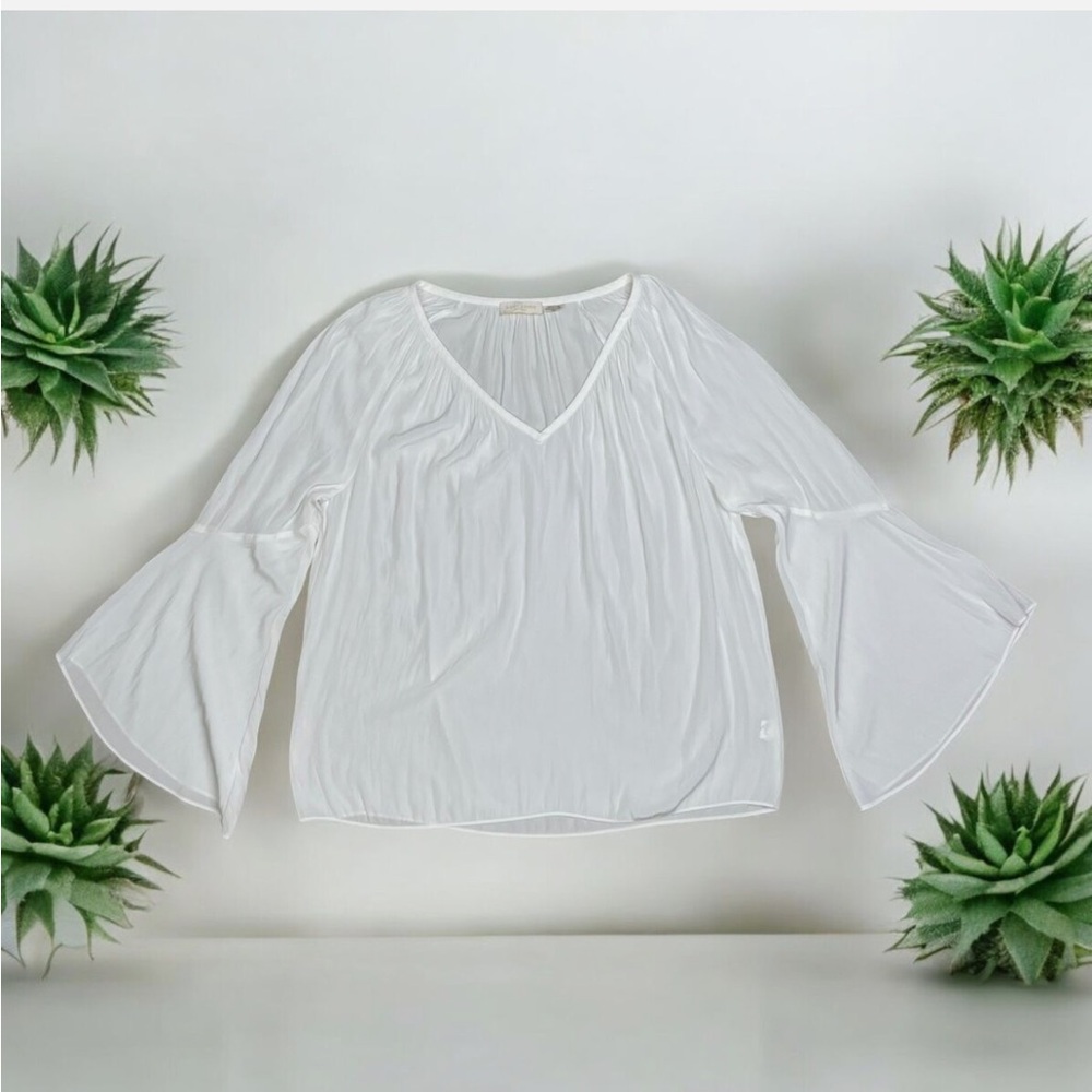Ramy Brook Women Teagan 100% Silk Top Blouse White Bell Sleeve V neck Size M EUC